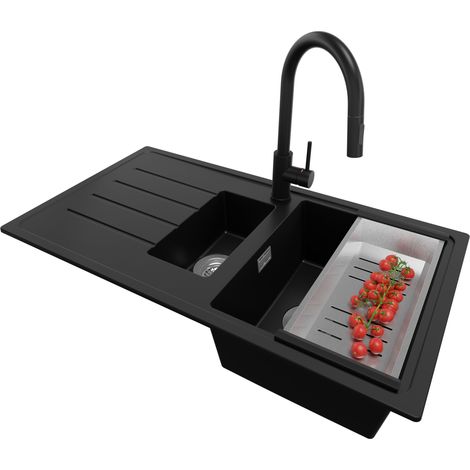 PRIMAGRAN Evier Cuisine en Granit 90x50cm,Lavabo 1,5 bacs + Robinet 40x20cm + Kit de Vidage, Évier à Encastrer au Meuble 60cm - Copenhague Duo, Noir