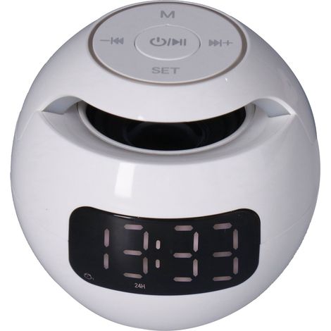 Multifunktionaler Bluetooth 5.0 Wecker mit wiederaufladbarem kugelförmigem Lautsprecher, tragbar und kabellos, ideal für Schlafzimmer oder Büro (Weiß G90Q). (1/5)