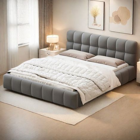 Doppelbett 140x190 cm - Leinenstoff - Inklusive Lattenrost - Zeitgenössisches Design - 2 Plätze - Grau