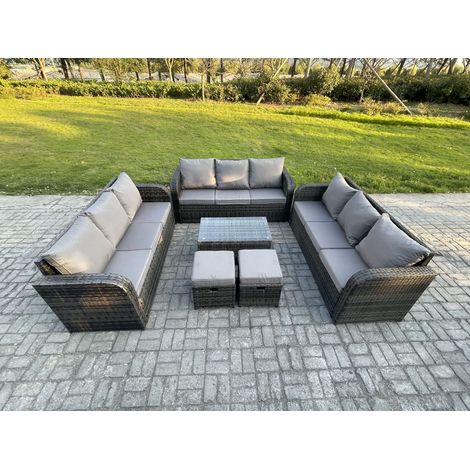 Fimous Rattan Lounge Sofa Set 11 Seater Outdoor Garden Furniture Set with Rectangular Coffee Table 3 Seater Sofa 2 Small Footstools Dark Grey Mixed (1/5)