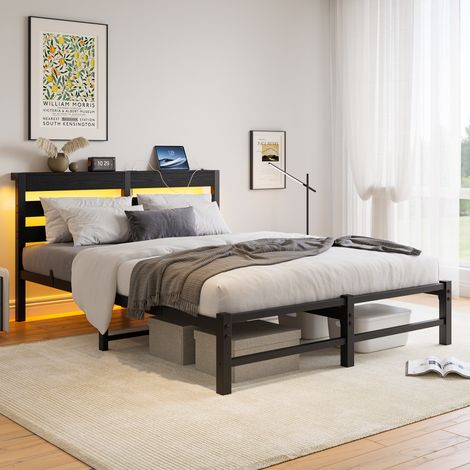 Letto matrimoniale moderno 140x190 cm in metallo e legno nero con testiera a mensola, LED RGB e 2 porte USB (1/5)