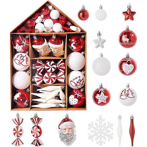 Weihnachtsdekorationsset, 70 hängende Weihnachtskugeln zum Dekorieren des Baumes, von Partys und Abenden (Rot und Weiß) (1/4)
