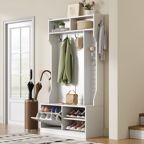REDOM Meuble d'entrée 100x40x185.5 cm Banc intégré et porte manteaux Rangement dissimulé Panneau de particules Blanc (1/5)