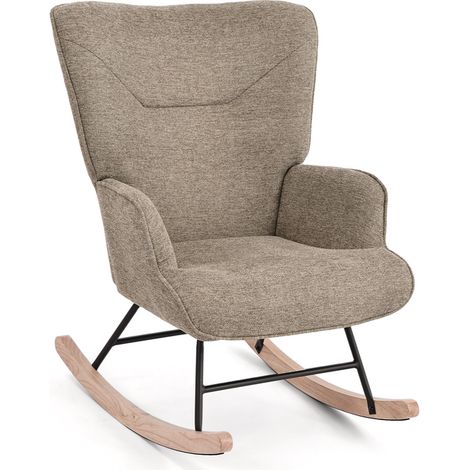 GOEURVANT - Sand - Textured Fabric - Ergonomic Rocking Chair with High Backrest, Solid Wood Legs & Silent Rocking Function