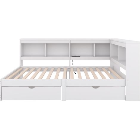 Cama banqueta 90 x 200 cm blanca con 2 cajones, enchufe, 2 USB y somier de lamas (1/5)