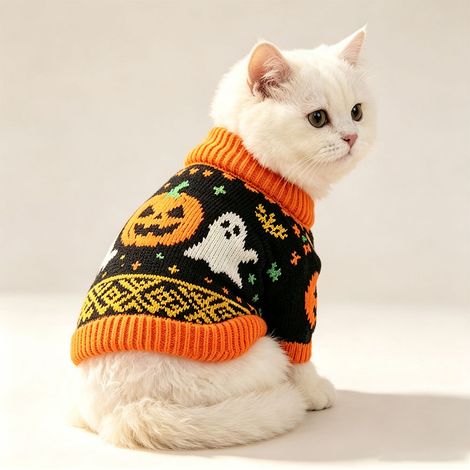 Pull pour chien et chat taille XL（6.0‑8.0 kg）, tricot épais motif citrouille Halloween, vêtement d'hiver pour petite race - Vert (1/5)