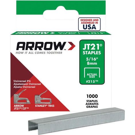 Arrow A215 JT21 T27 Staples 8mm ( 5/16in) (Box 1000) ARRJT21516S