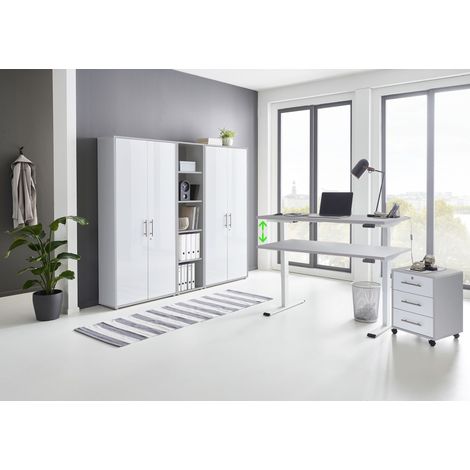 BMG Möbel Büromöbel komplett Set mit elektrisch höhenverstellbaren Schreibtisch Arbeitszimmer e-Dition in lichtgrau/weiß Matt Gestell weiß