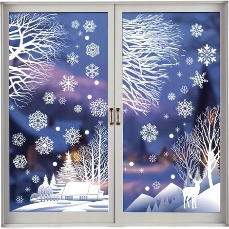 Pegatinas navideñas para ventanas, copos de nieve, bosque invernal, decoración para ventanas, pegatinas sin pegamento. (1/5)