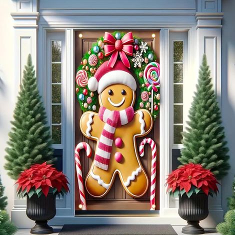 Bannière de porte de Noël - Maison en pain d'épice de 180 x 89 cm avec décorations de cannes de Noël, décoration hivernale pour porte d'entrée, fond photo de Noël (1/5)