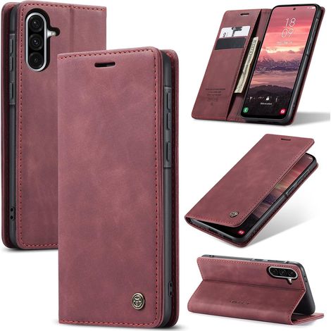 Coque Etui Rabat Cuir Housse  Étui Flip Case Antichoc,Aimanté,Fentes Cartes,Pochette Portefeuille Support Protection pour A15 5G/4G,Vin Rouge (1/5)