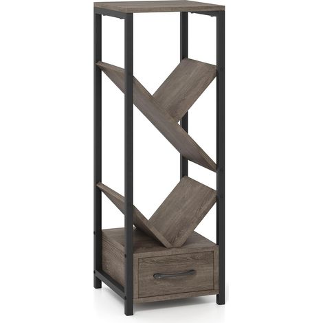 GOPLUS Bibliothèque à 4 Niveaux, Étagère Bibliothèque en Forme d'arbre avec Tiroir, Cadre en Métal, Étagère pour Salon, Maison, Bureau, 30,5x30,5x91,5cm, Gris et Noir (1/5)