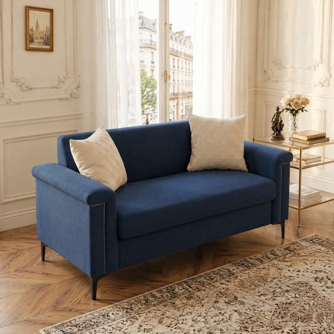 Canapé 2 places 172x73,5x81,5 cm bleu – pieds en métal noir, tissu effet lin MEUBLIV (1/5)
