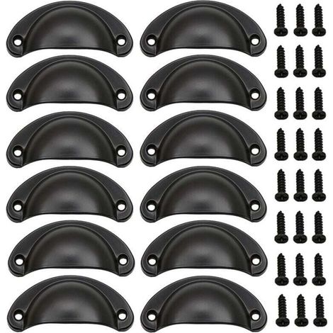 12 tiradores de concha vintage, pomos de puerta, tiradores für Möbel, tiradores de hierro Retro con Schrauben für Möbel, Schubladen, Schranks, alacenas de Küche, 8 cm x 3,5 cm (Schwarz) (1/4)