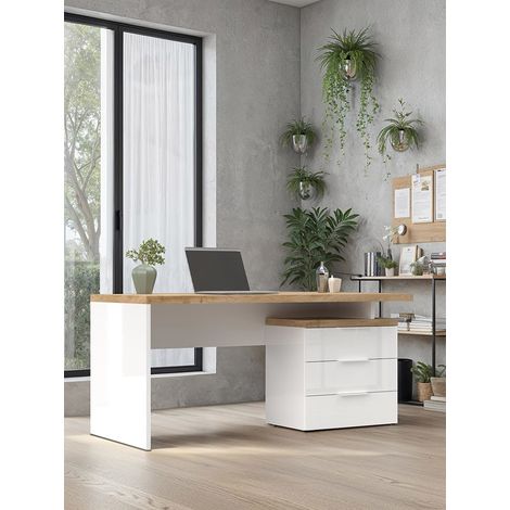 Bureau droit moderne avec caisson blanc laqué/chêne Daisy (1/5)