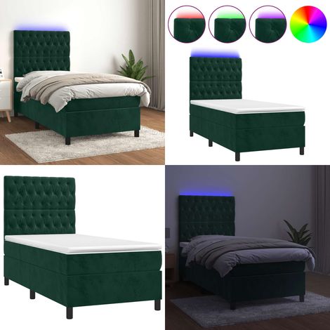Cama box spring colchón y LED terciopelo verde oscuro 90x190 cm - Colchón LED - Terciopelo verde oscuro