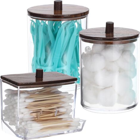 1 Distributeur Coton, 2 Cylindres Acrylique, Couvercle Bambou, Rangement Salle De Bain, Organisateur Bureau (1/5)