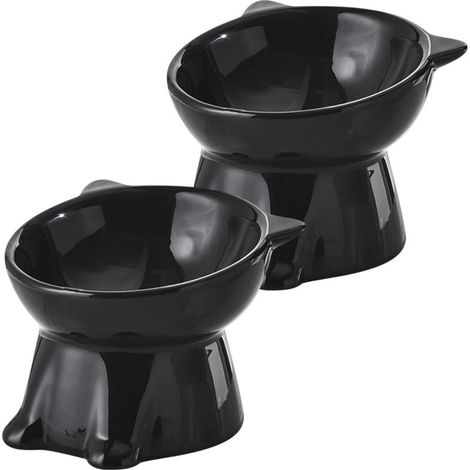 2pcs Gamelle pour Chat,Gamelle Chat Surélevée Inclinable à 15°,Bol Chat Bol Chien pour Nourriture & Eau,Bol de Nourriture pour Chat Anti-vomissement et Facile à Nettoyer,Noir (1/5)