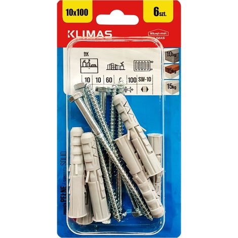 Chevilles A Expansion Klimas 10 x 100 Avec Vis Tete Hexagonale, Blister De 6