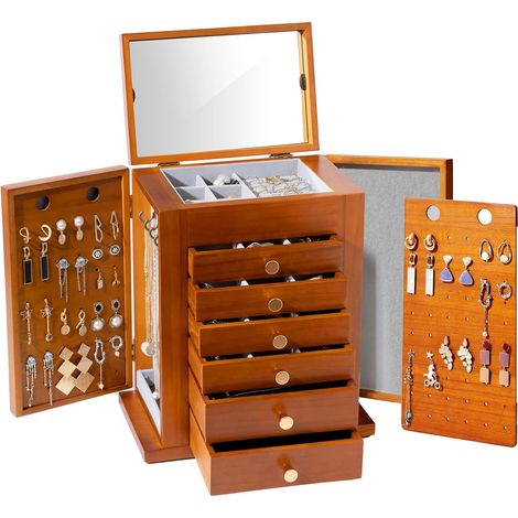 Grande Boîte à Bijoux en Bois 7 Compartiments, Rangement Bijoux avec Miroir, Coffret Bijoux pour Boucle d’Oreille Collier Bague -Marron (1/5)
