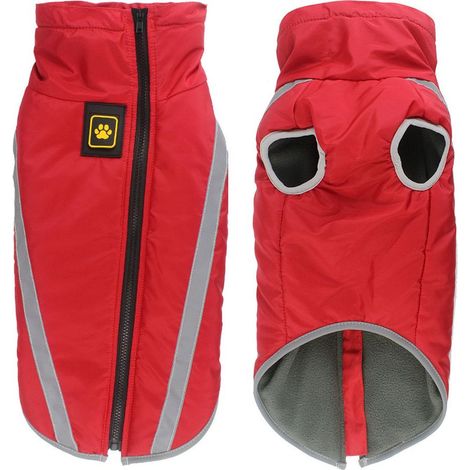 Abrigo impermeable para perros – Chaqueta de poliéster cálida para invierno – Forro polar – Tiras reflectantes – Abertura para arnés – Rojo (1/5)