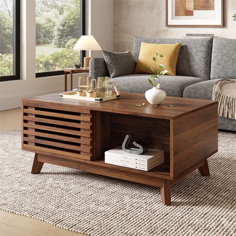 Table Basse Relevable Design Rétro - 90x55x57,5 cm - Table de Salon avec Plateau Ajustable et Rangement Caché - Noyer (1/5)