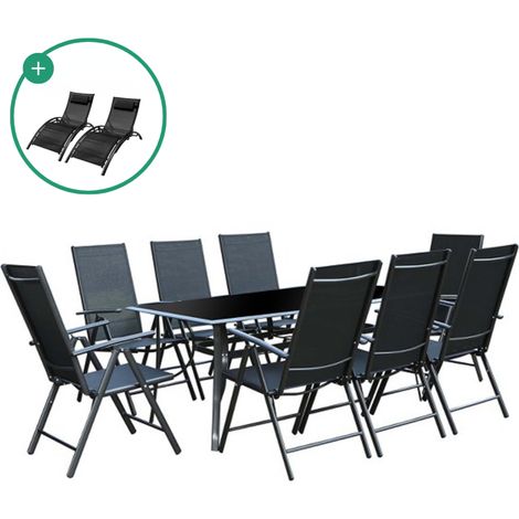 Salotto da giardino in alluminio  8 poltrone + Duo sedie a sdraio in textilene nero RIMINI