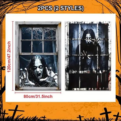 Décorations d'Halloween pour fenêtres : rideaux, guirlandes, fanions pour une fête d'Halloween en extérieur (2 pièces) - 80 x 120 cm - NG-28