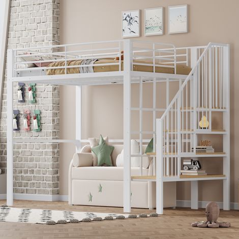 Cama alta de 140 x 200 cm: estructura metálica resistente con un amplio espacio de almacenamiento debajo de la cama y la escalera - blanco (1/5)