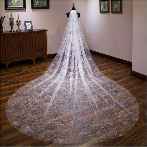 Voile de mariée Long traînant en Paillettes de Cristal, Bord en Dentelle, Tulle Souple superposé pour soirées, Danses, opéra, banquets et Occasions spéciales (1/5)