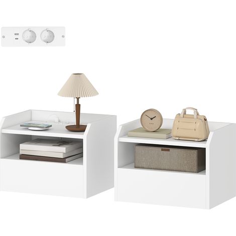 Ensemble de avec station de charge pliable 40 x 29 x 29 cm blanches pour salon tables chevet suspendues charge, tiroir étagère ouverte, (1/5)