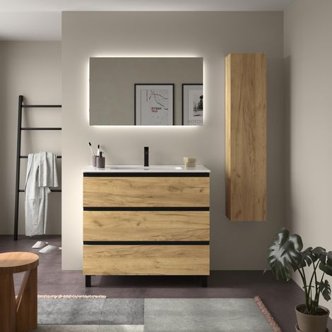 Cygnus Bath – Meuble de salle de bain 100cm – Vasque en porcelaine blanche – Tiroirs à fermeture amortie – MDF résistant à l’humidité