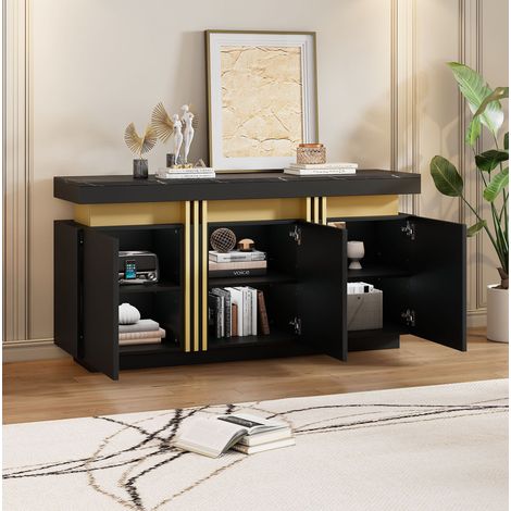 Buffet 140x38x70 cm noir en panneaux de particules avec 3 portes, 6 compartiments et étagères réglables (1/5)