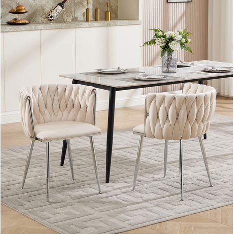 Lot de 2 chaises de salle à manger en velours avec accoudoirs, style moderne, pieds argentés, beige (1/5)