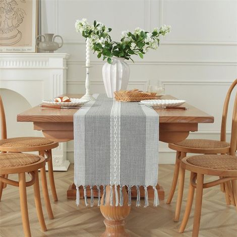 Tischläufer im Boho-Stil cremefarben Landhausstil mit Quasten abwaschbar für Partys Geburtstage Feste und Hochzeiten grau mit X-förmigem Muster x 33 (1/5)
