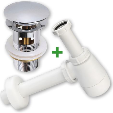 Set: tappo a scatto argentato con troppopieno + sifone per lavabo (1/5)
