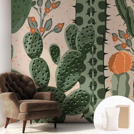 Papier peint intissé mural avec imprimé motifs décoratifs - style contemporain - Colle incluse gratuite Cactus verts 250x250 cm (1/5)