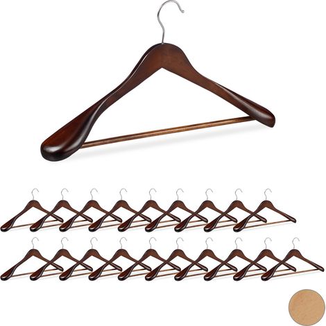 20x Grucce Appendiabiti, Set Stampelle, Spalle Larghe, Gancio Girevole a 360°, Asta per Pantaloni, Legno, Marroni (1/5)