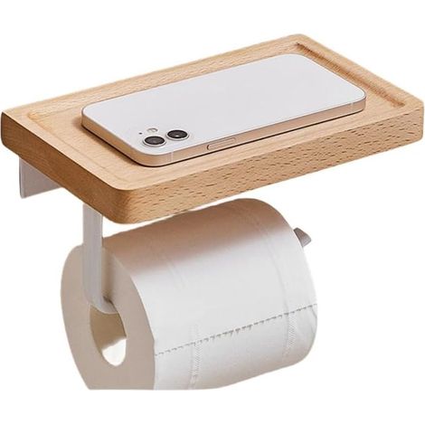 White Toilet Roll Holder Self Adhesive With Bamboo Shelf No Drill 2 in 1 Toilet Paper Holder With Drilling Wall Mounted Toilet Roll Holder (1/2)