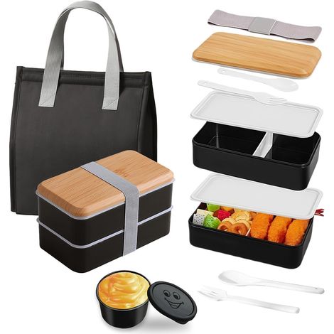 Lunch Box Kit, 1400ML Boite Repas avec 7.5L Sac Isotherme Repas et Couverts, Bento Lunch Box Isotherme, Lunchbox Micro Ondable, Boite Bento Box Travail Pique Nique École Adulte Enfant (Noir) (1/5)