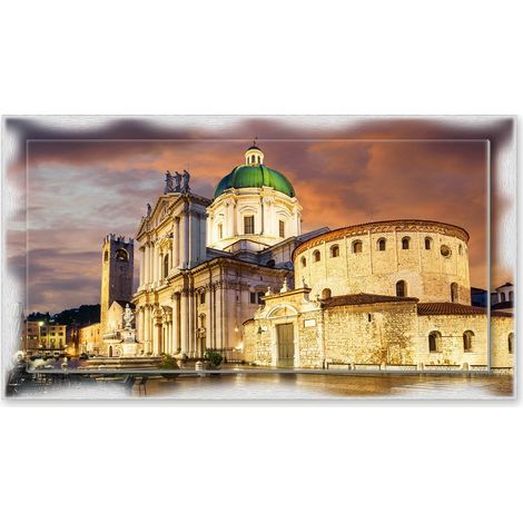 Lupia - Quadro moderno su Tela con Cornice stampata NEWEXT 75x135 cm, paesaggi localismi italiani, per casa soggiorno capezzale camera da letto hotel ufficio, BRESCIA DUOMO NUOVO E VECCHIO (1/4)