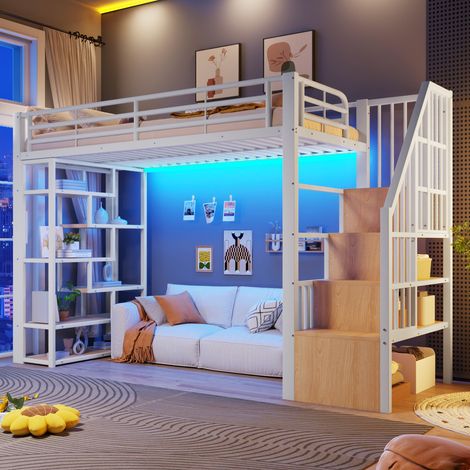 Lit mezzanine enfant 90x200 cm - Cadre en métal et MDF - Avec marches intégrées - Rangement ouvert sous le lit (1/5)