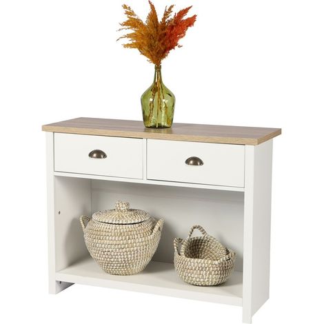 Console avec 1 étagère et 2 tiroirs design colonial – 97x35xH76 cm, coloris blanc et plateau chêne clair – Collection MADERA