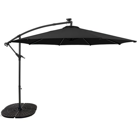 LED Ausleger-Sonnenschirm 3m mit Beschwerungsfuß Schwarz Garten