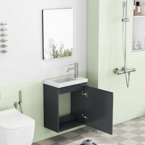 Mueble de baño suspendido 40 cm con lavabo cerámico y espejo, gris brillante, OKMYHOME (1/5)