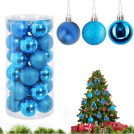 Set da 30 Palle di Natale Azzurre glitterate, lucide e opache in plastica Infrangibile diametro 6 cm per albero di Natale (1/5)
