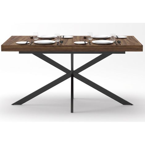FurnitureR Table à manger extensible 140 à 180 cm, 4 à 6 personnes, plateau MDF effet noyer, rallonge intégrée, pieds croisés en métal (1/5)