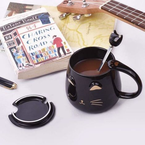 Tasse Chat Maneki Neko - Céramique Noire - 450 ml - Avec Couvercle Et Cuillère - Usage Maison Bureau - 1 Pièce (1/5)
