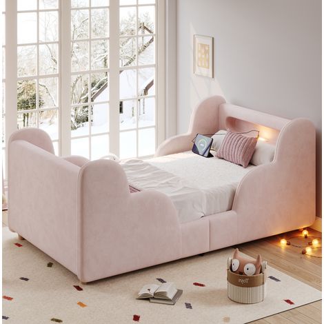 Letto singolo per bambini stile nuvola in velluto rosa 90x200 cm con testiera USB/Type-C, luce notturna e rete a doghe (1/5)