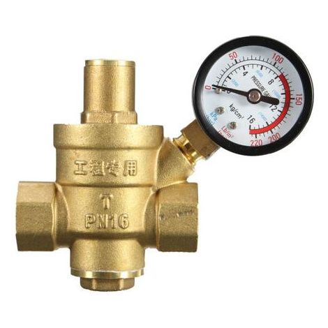 Vanne de régulation de pression d'eau en laiton DN15 1/2", avec manomètre et limiteur de pression réglable (85 x 63 mm). (1/5)